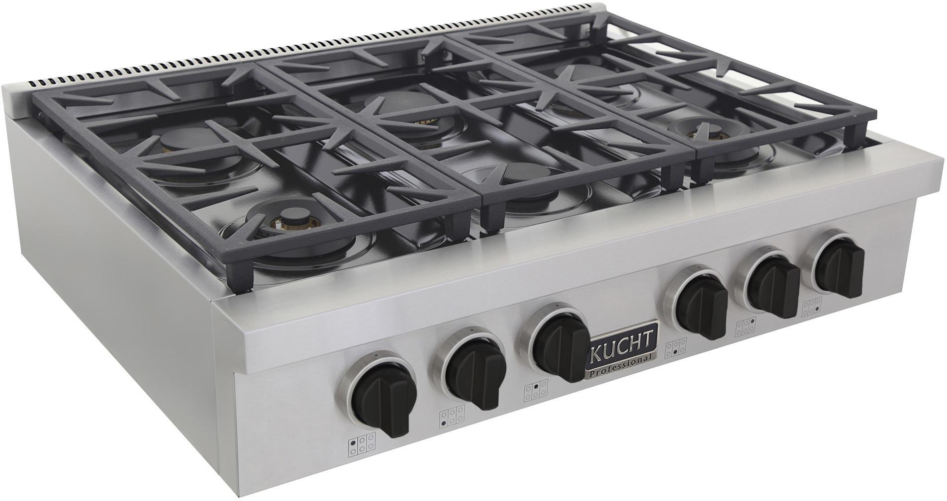 Kucht 36-Inch 6 Burner Gas Rangetop in Stainless Steel with Toxedo Black Knob KFX369T-K