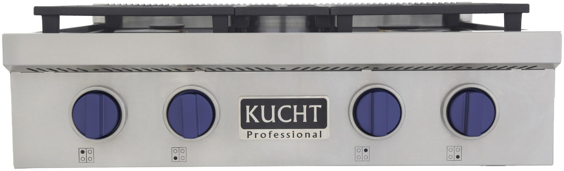 Kucht 30-Inch 4 Burner Gas Rangetop in Stainless Steel with Royal Blue Knob KFX309T-B