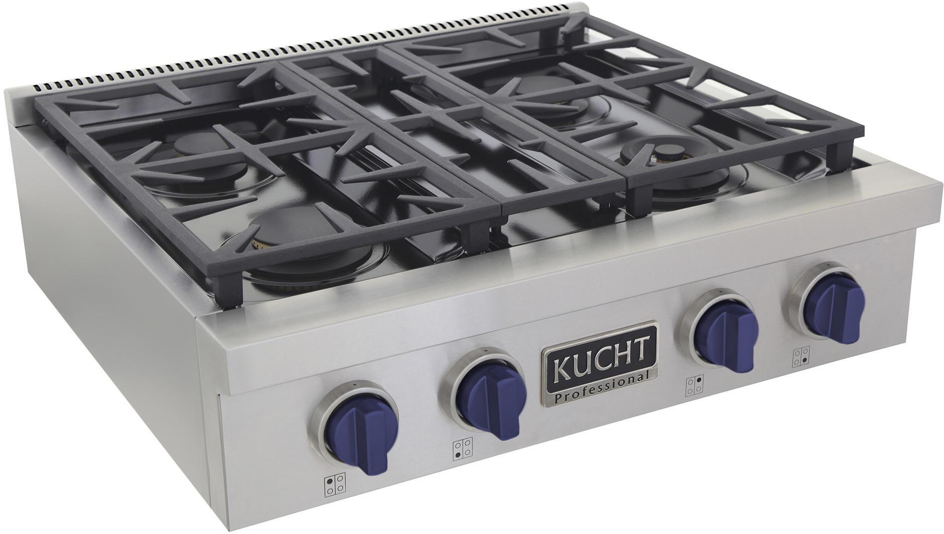 Kucht 30-Inch 4 Burner Gas Rangetop in Stainless Steel with Royal Blue Knob KFX309T-B