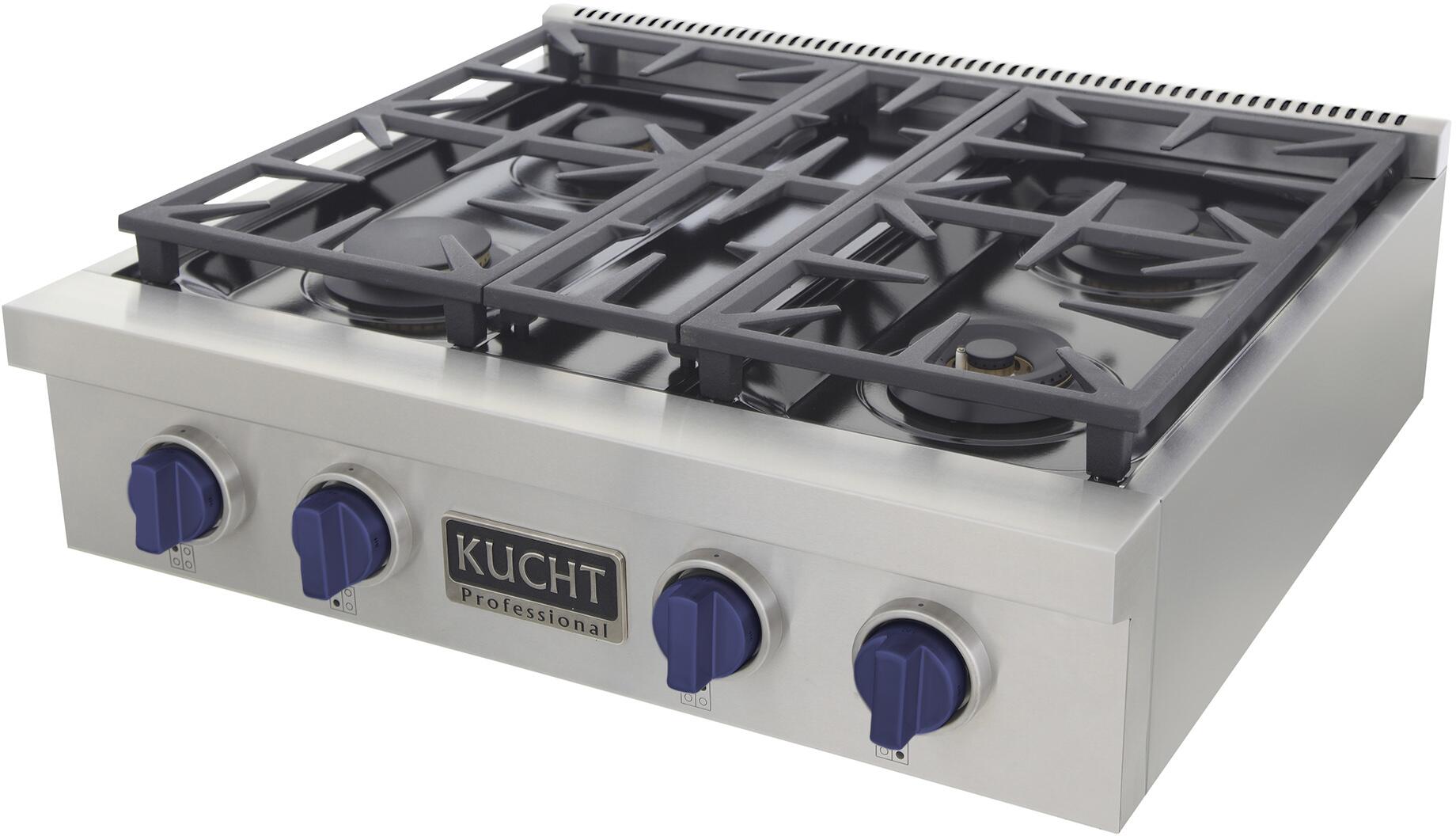 Kucht 30-Inch 4 Burner Gas Rangetop in Stainless Steel with Royal Blue Knob KFX309T-B