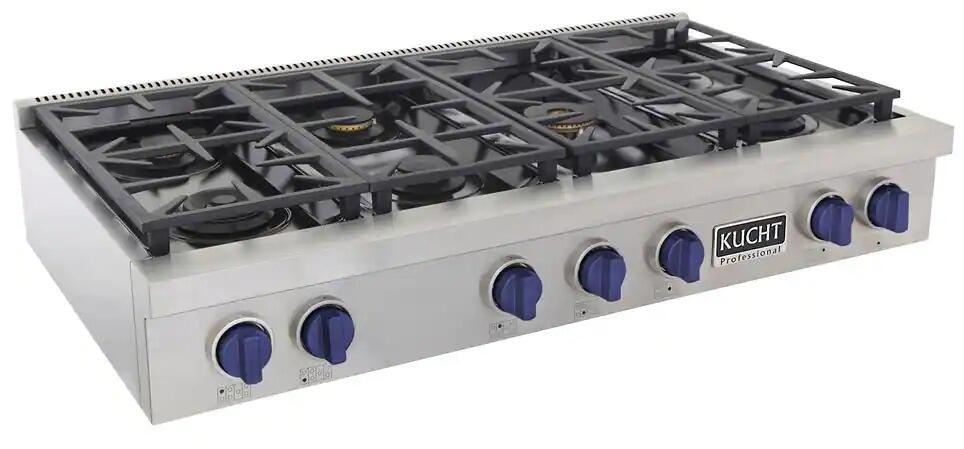 Kucht 48-Inch 6 Burner Gas Rangetop in Stainless Steel with Royal Blue Knob KFX489T-B