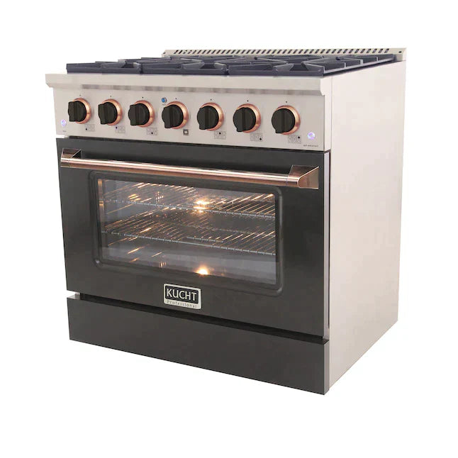Kucht Signature 36-Inch Gas Range in Black with Black Knobs & Rose Gold Handle KNG361-K-ROSE