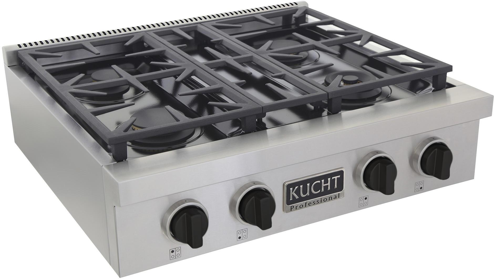 Kucht 30-Inch 4 Burner Gas Rangetop in Stainless Steel with Toxedo Black Knob KFX309T-K