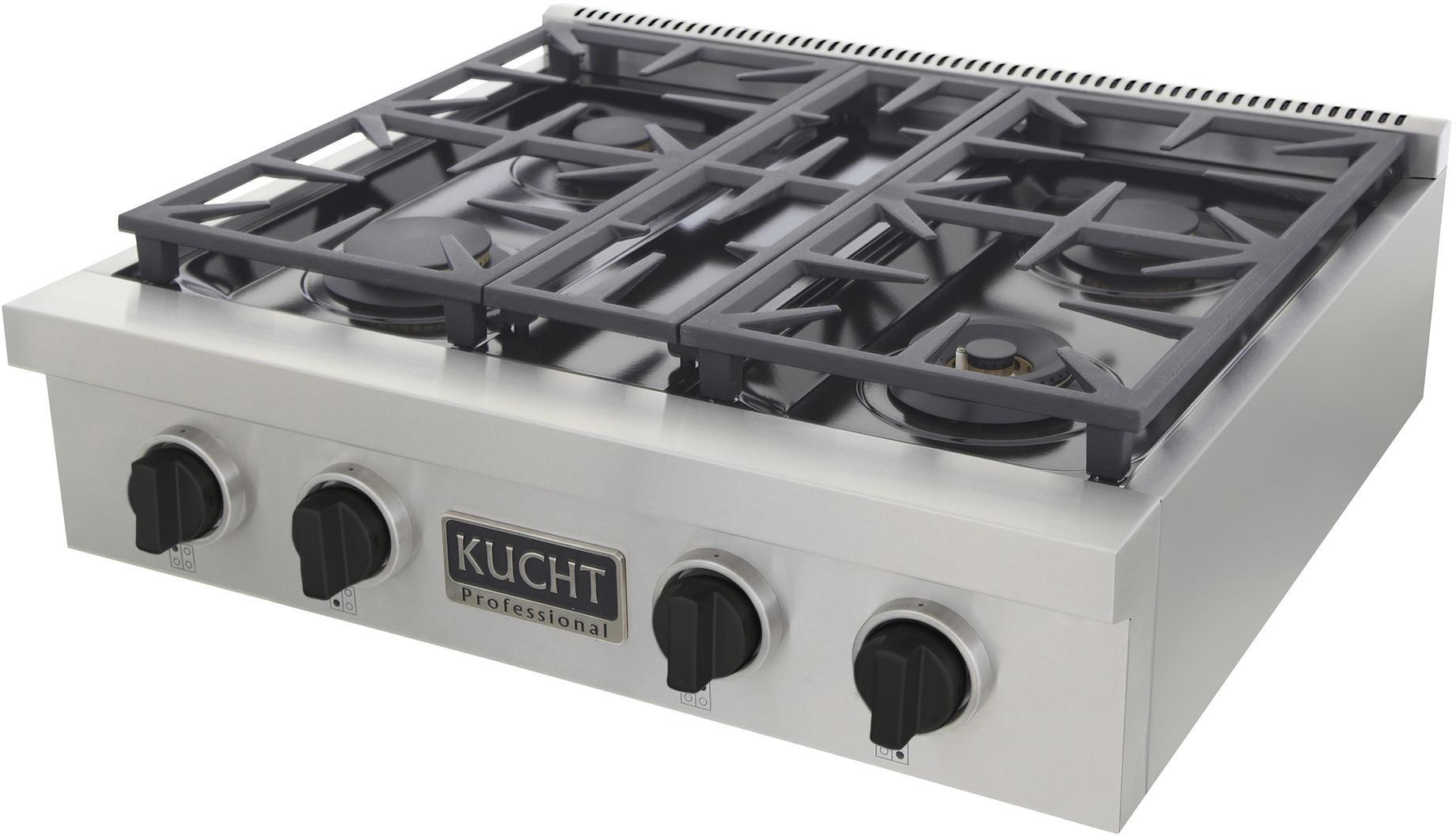 Kucht 30-Inch 4 Burner Gas Rangetop in Stainless Steel with Toxedo Black Knob KFX309T-K