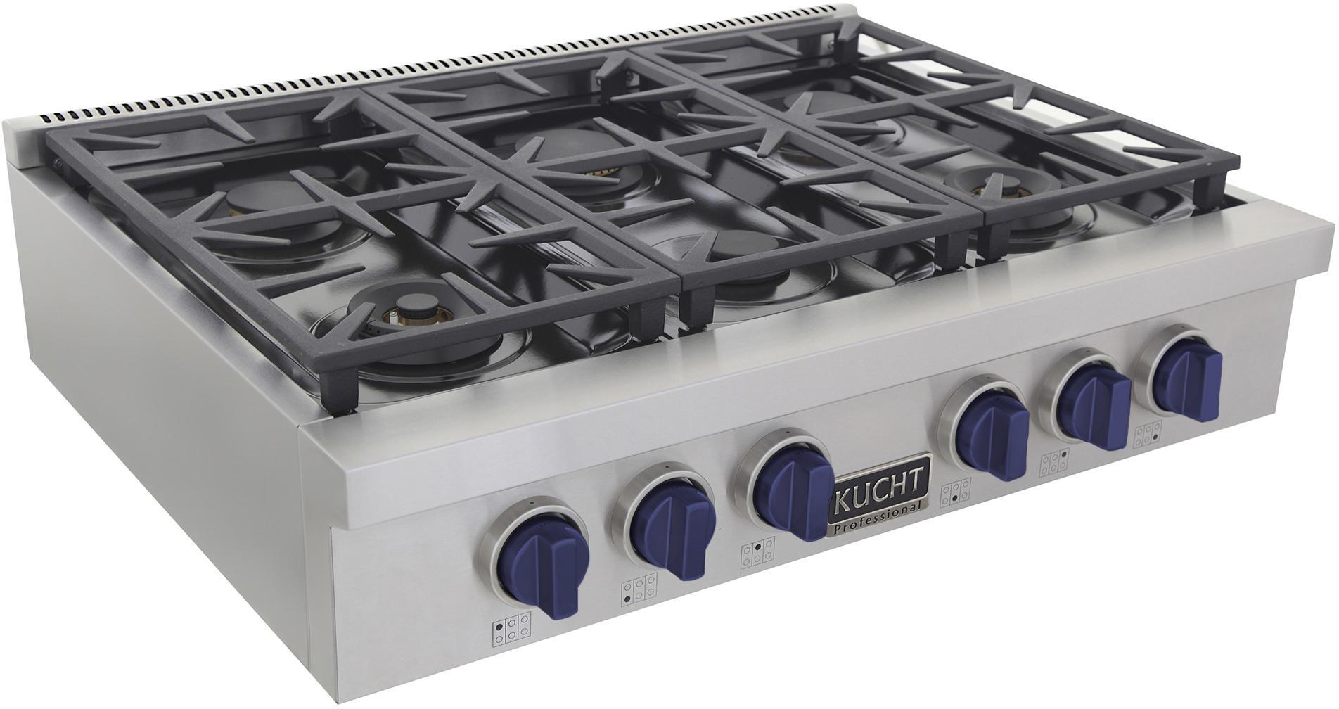 Kucht 36-Inch 6 Burner Gas Rangetop in Stainless Steel with Royal Blue Knob KFX369T-B