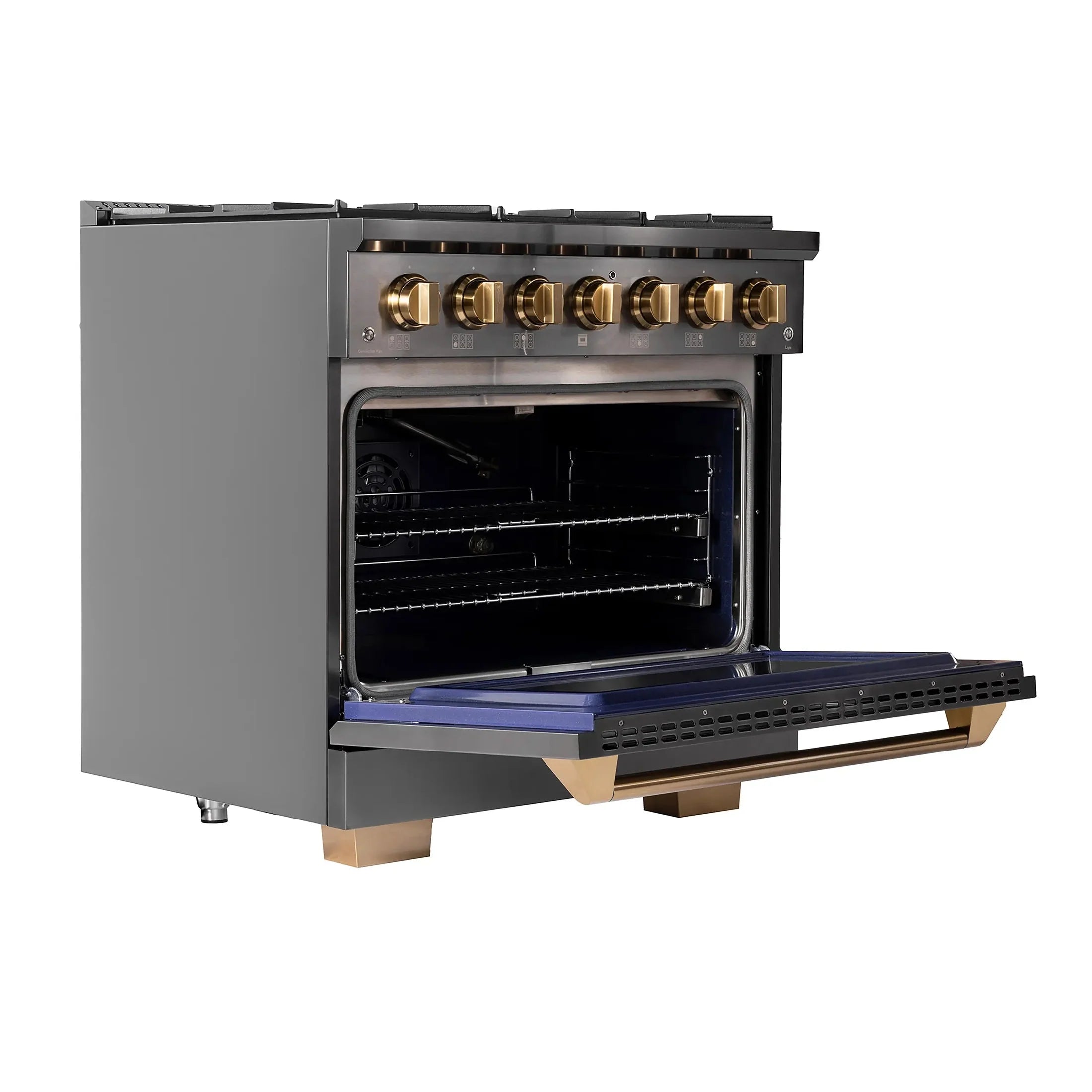 KUCHT Gemstone Professional 36-Inch 5.2 cu. ft. Gas Range with Sealed Burners and Convection Oven in Titanium Stainless Steel with Gold Accents KEG363
