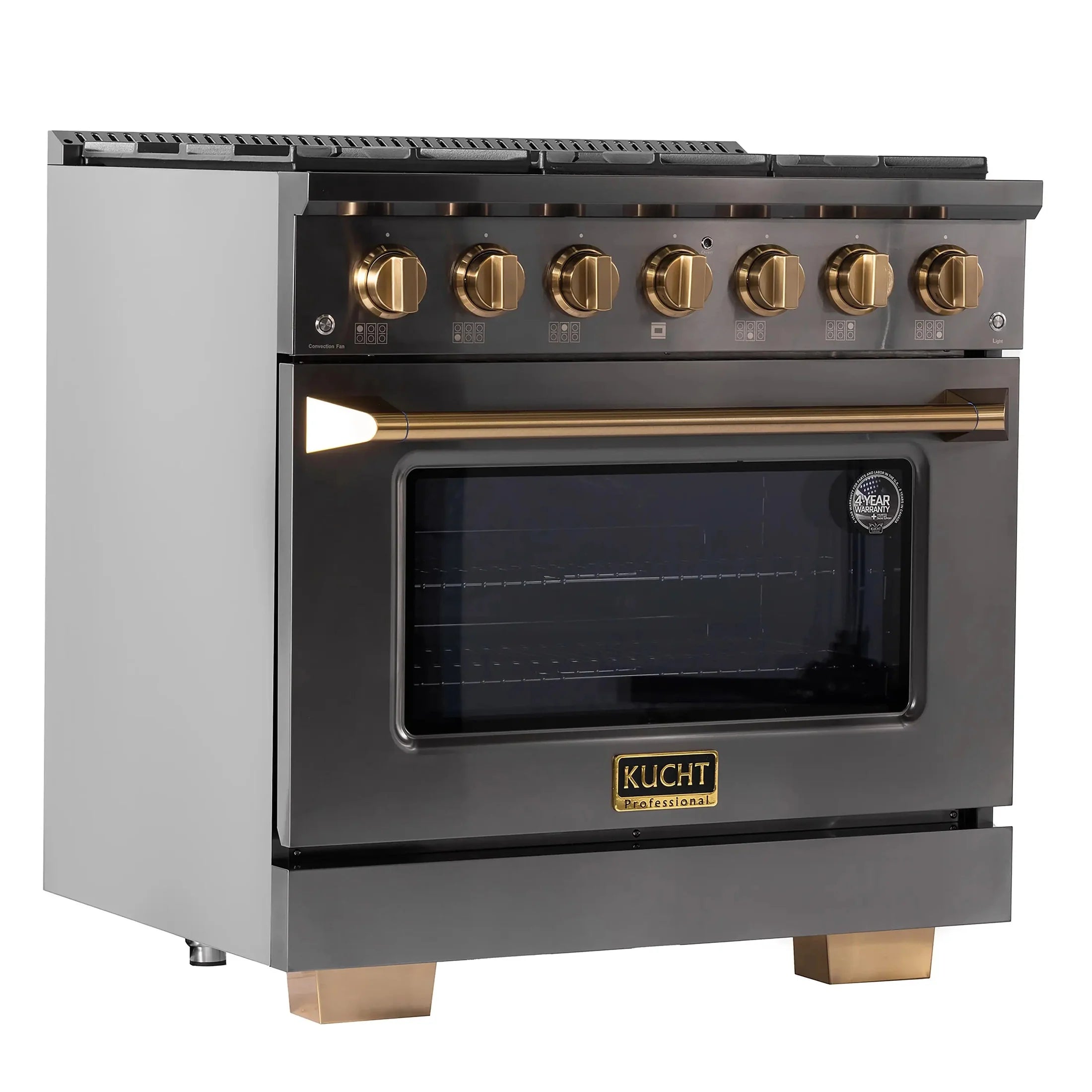 KUCHT Gemstone Professional 36-Inch 5.2 cu. ft. Gas Range with Sealed Burners and Convection Oven in Titanium Stainless Steel with Gold Accents KEG363