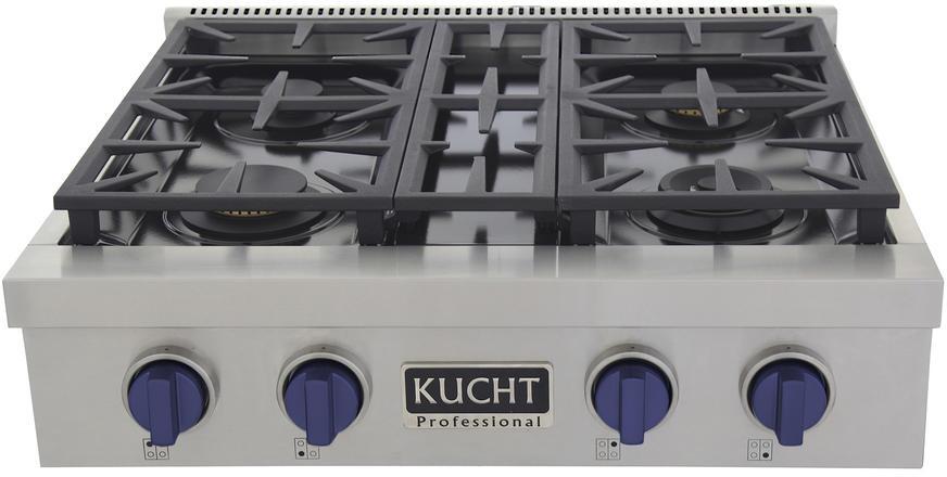 Kucht 30-Inch 4 Burner Gas Rangetop in Stainless Steel with Royal Blue Knob KFX309T-B