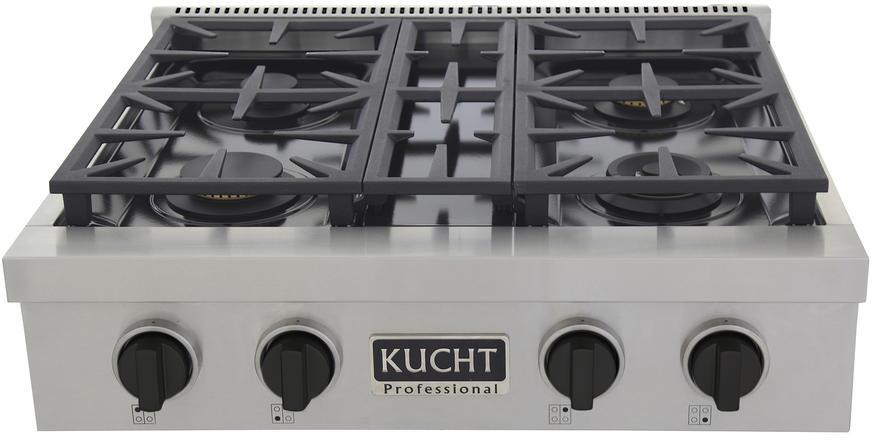 Kucht 30-Inch 4 Burner Gas Rangetop in Stainless Steel with Toxedo Black Knob KFX309T-K