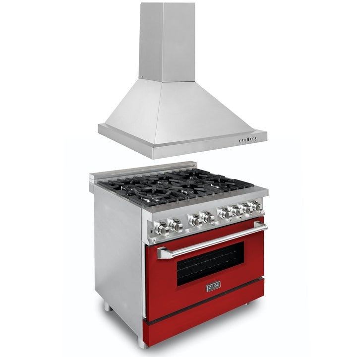Products ZLINE Appliance Package - 36" DuraSnow® Stainless Steel Dual Fuel Range with Red Matte Door and Convertible Vent Range Hood