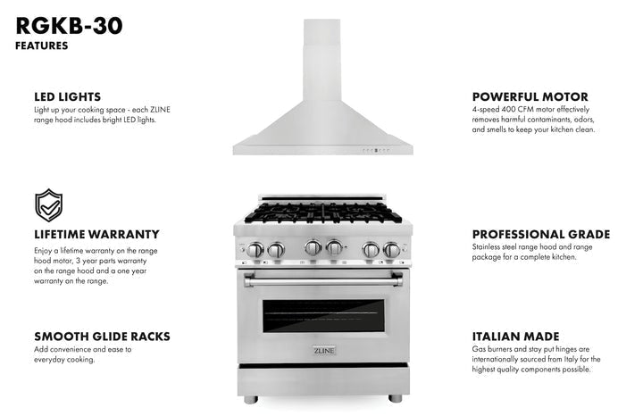 ZLINE 30" Kitchen Package with Stainless Steel Gas Range and Convertible Vent Range Hood (2KP-RGRH30)