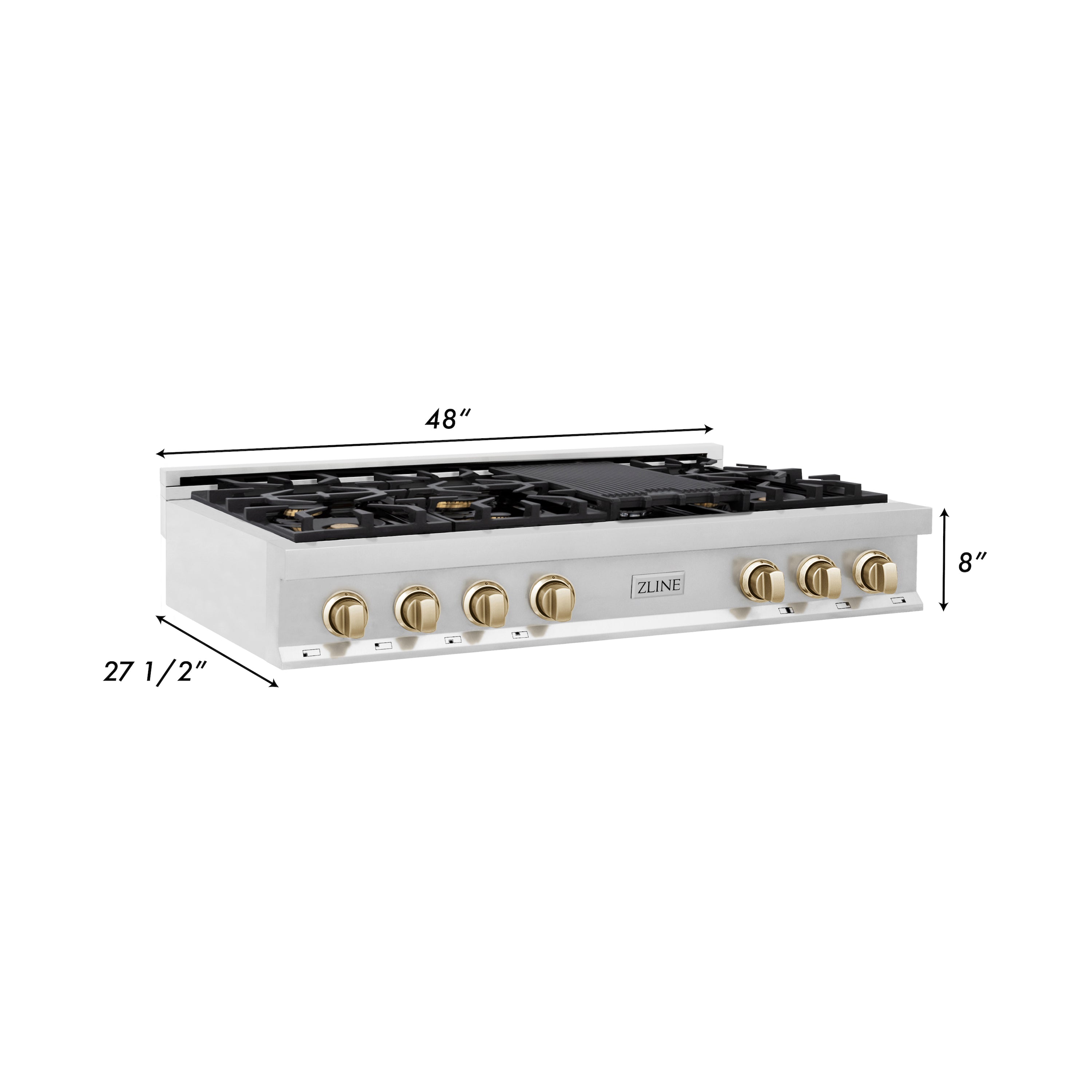 ZLINE Autograph Edition 48 in. Porcelain Rangetop with 7 Gas Burners in Stainless Steel with Polished Gold Accents (RTZ-48-G)
