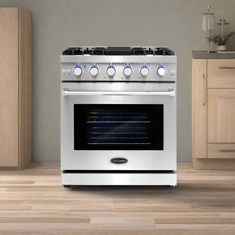 Cosmo 30 in. Slide-In Freestanding Gas Range with 5 Sealed Burners, Cast Iron Grates, 4.5 cu. ft. Capacity Convection Oven in Stainless Steel - COS-EPGR304
