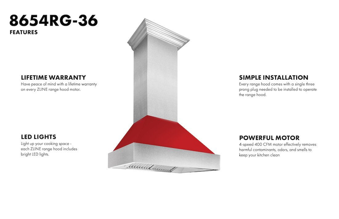 ZLINE DuraSnow Stainless Steel Range Hood with Red Gloss Shell