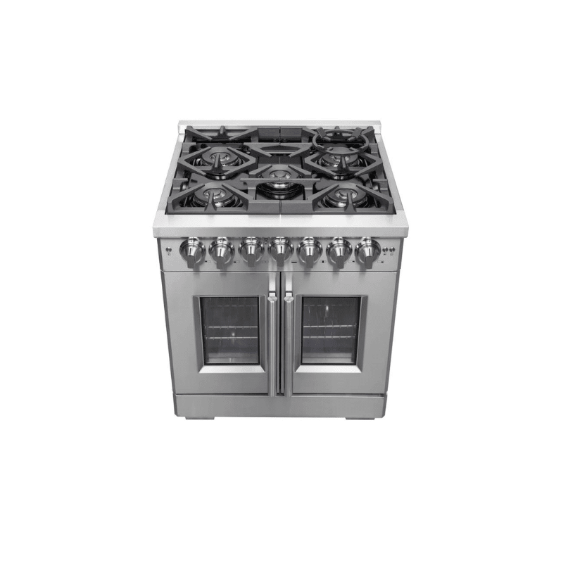 FORNO 30-Inch Capriasca Dual Fuel Range with 5 Gas Burners, 100,000 BTUs, and French Door Electric Oven in Stainless Steel - FFSGS6387-30
