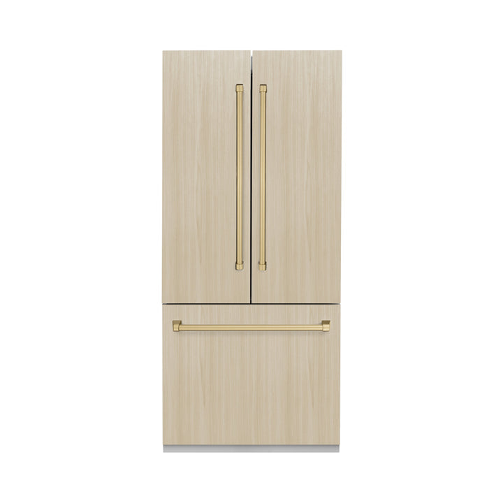 ZLINE Autograph Edition 36-Inch 19.6 cu. ft. Panel Ready Built-in 3-Door French Door Refrigerator with Internal Water and Ice Dispenser with Champagne Bronze Handles RBIVZ-36-CB