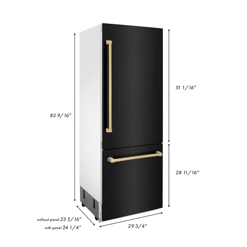 ZLINE 30" Autograph Edition 16.1 cu. ft. Built-in 2-Door Bottom Freezer Refrigerator with Internal Water and Ice Dispenser in Black Stainless Steel with Champagne Bronze Accents RBIVZ-BS-30-CB
