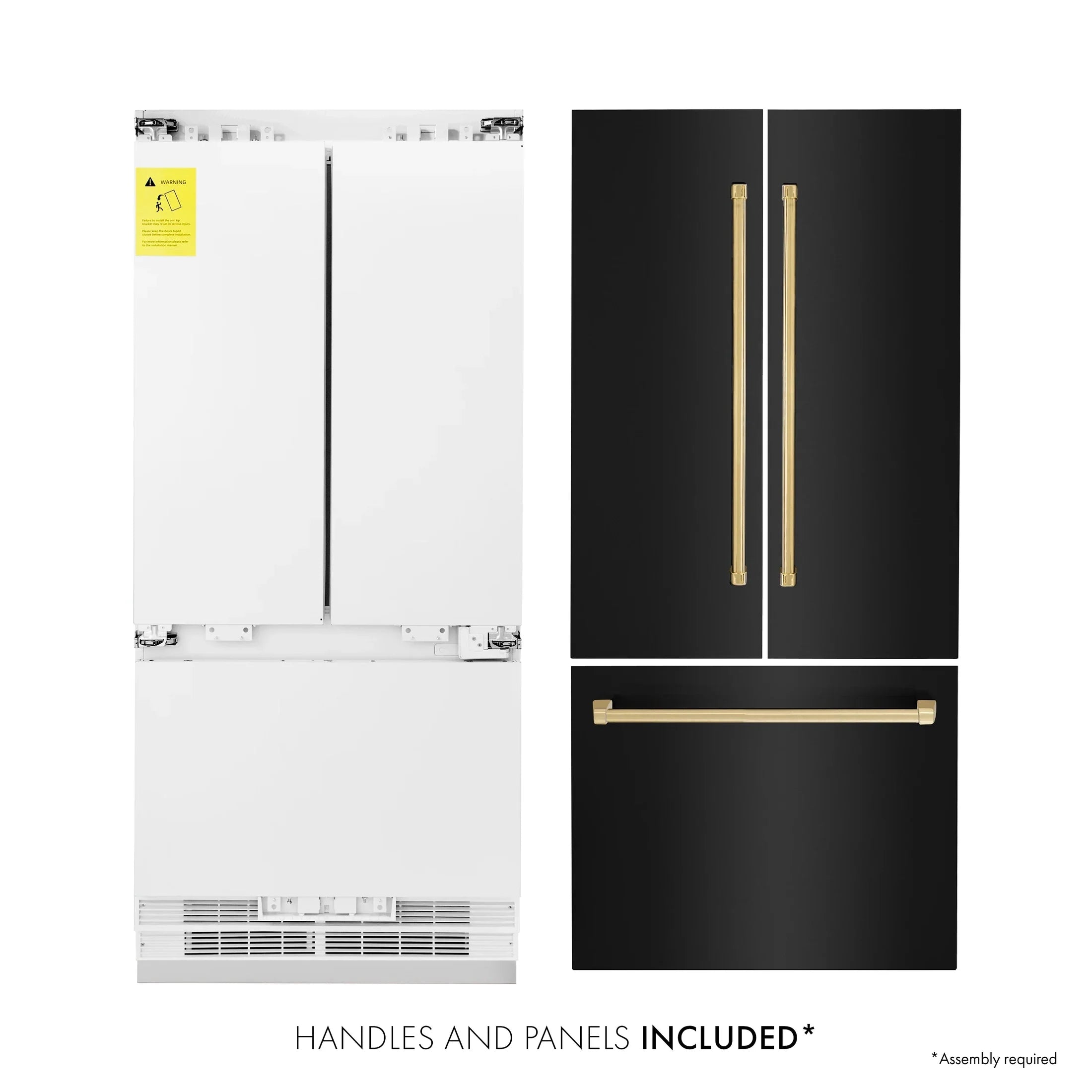 ZLINE 36" Autograph Edition 19.6 cu. ft. Built-in 3-DoorFrench Door Refrigerator with Internal Water and Ice Dispenser in Black Stainless Steel with Gold Accents RBIVZ-BS-36-G