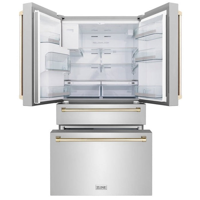ZLINE 36" Autograph Edition 21.6 cu. ft Freestanding French Door Refrigerator with Water and Ice Dispenser in Fingerprint Resistant Stainless Steel with Accents (RFMZ-W-36)