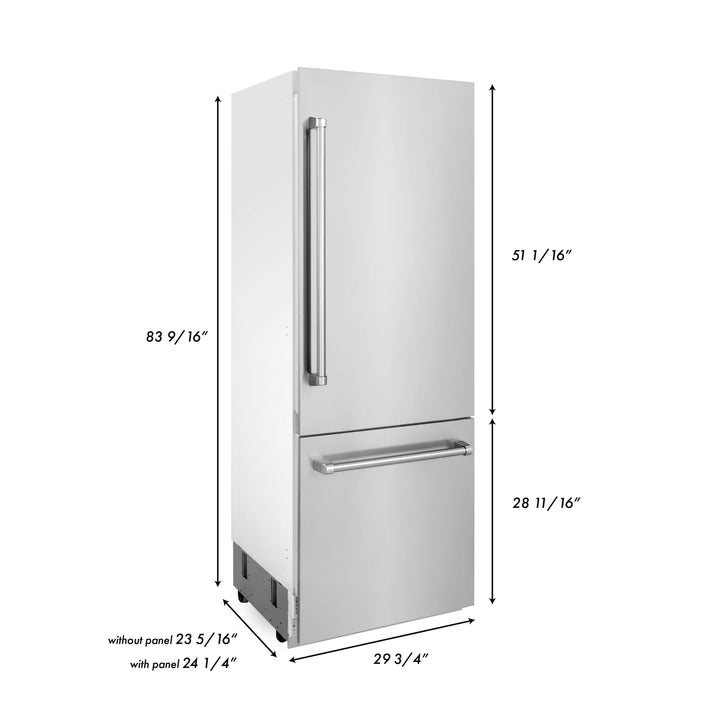 ZLINE 30" 16.1 cu. ft. Built-In 2-Door Bottom Freezer Refrigerator with Internal Water and Ice Dispenser in Stainless Steel RBIV-304-30