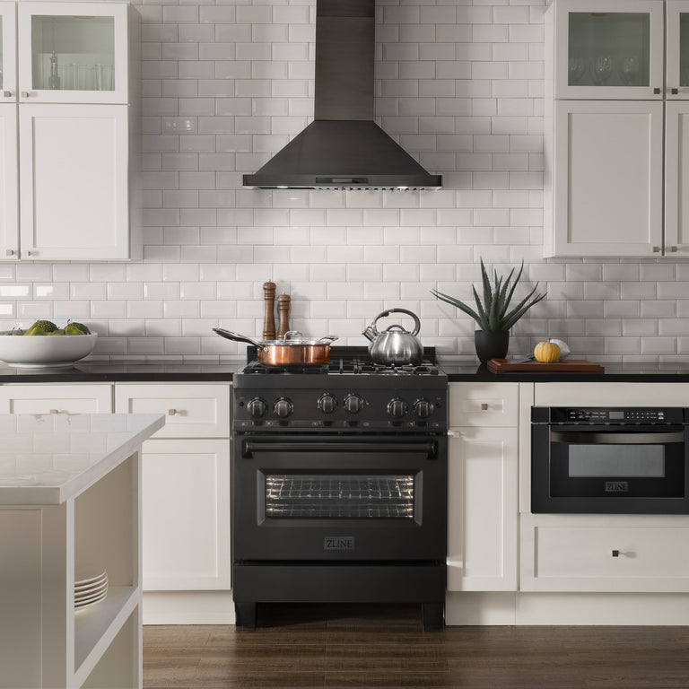 ZLINE 30 in. Gas Range in Black Stainless Steel & 30 in. Range Hood Package, 2KP-RGBRH30