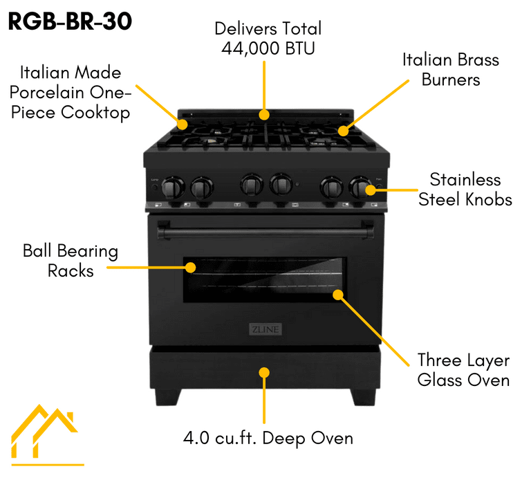 ZLINE Appliance Package - 30 in. Black Stainless Steel Gas Range, Range Hood, Microwave Drawer and Dishwasher 4KP-RGBRH30-MWDW