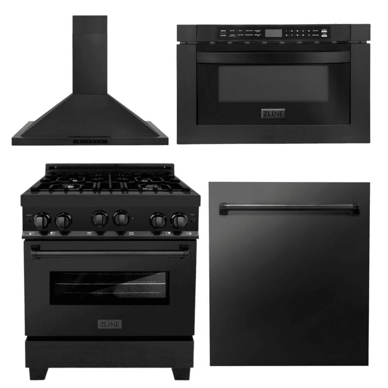 ZLINE Appliance Package - 30 in. Black Stainless Steel Gas Range, Range Hood, Microwave Drawer and Dishwasher 4KP-RGBRH30-MWDW