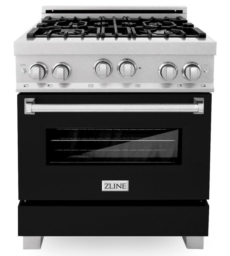 ZLINE Appliance Package - 30" Professional Gas Range in DuraSnow® with Black Matte Door & 30" Range Hood - 2KP-RGSBLMRH30