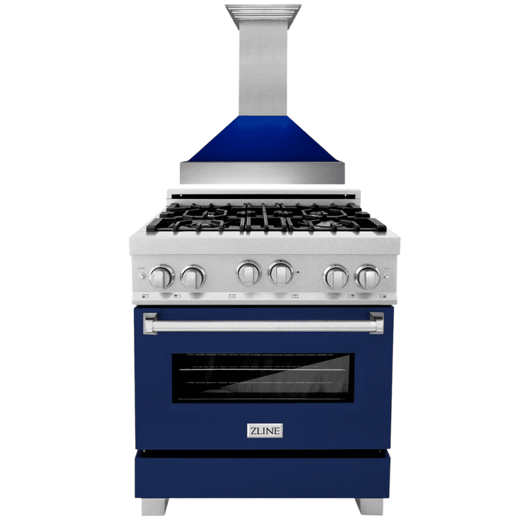 ZLINE Appliance Package - 30" Professional Gas Range in DuraSnow® with Blue Gloss Door & 30" Range Hood