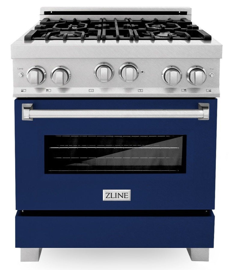 ZLINE Appliance Package - 30" Professional Gas Range in DuraSnow® with Blue Gloss Door & 30" Range Hood - 2KP-RGSBGRH30