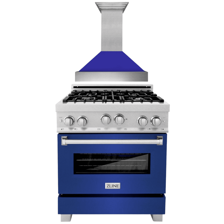 ZLINE Appliance Package - 30" Professional Gas Range in DuraSnow® with Blue Matte Door & 30" Range Hood