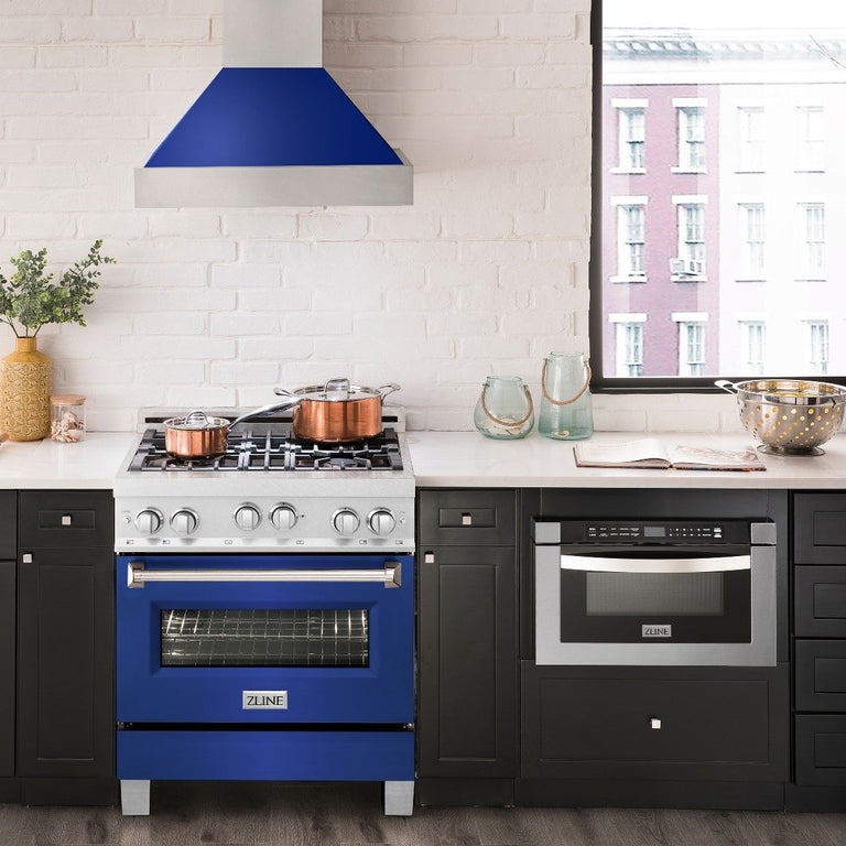 ZLINE Appliance Package - 30" Professional Gas Range in DuraSnow® with Blue Matte Door & 30" Range Hood - 2KP-RGSBMRH30