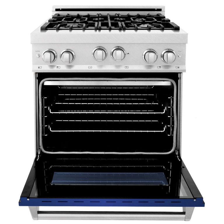ZLINE Appliance Package - 30" Professional Gas Range in DuraSnow® with Blue Matte Door & 30" Range Hood - 2KP-RGSBMRH30