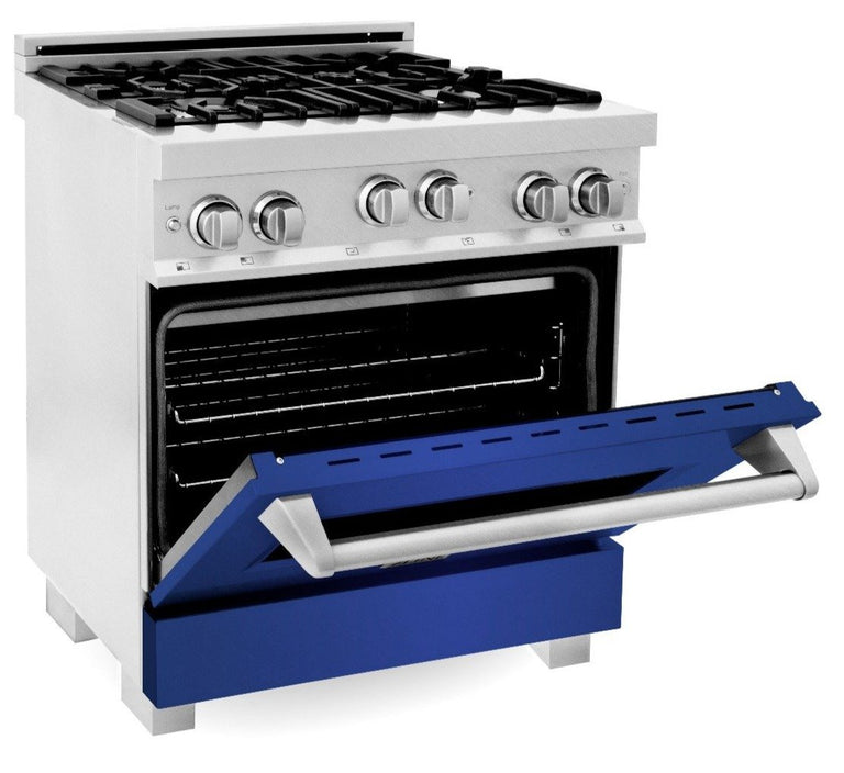 ZLINE Appliance Package - 30" Professional Gas Range in DuraSnow® with Blue Matte Door & 30" Range Hood - 2KP-RGSBMRH30