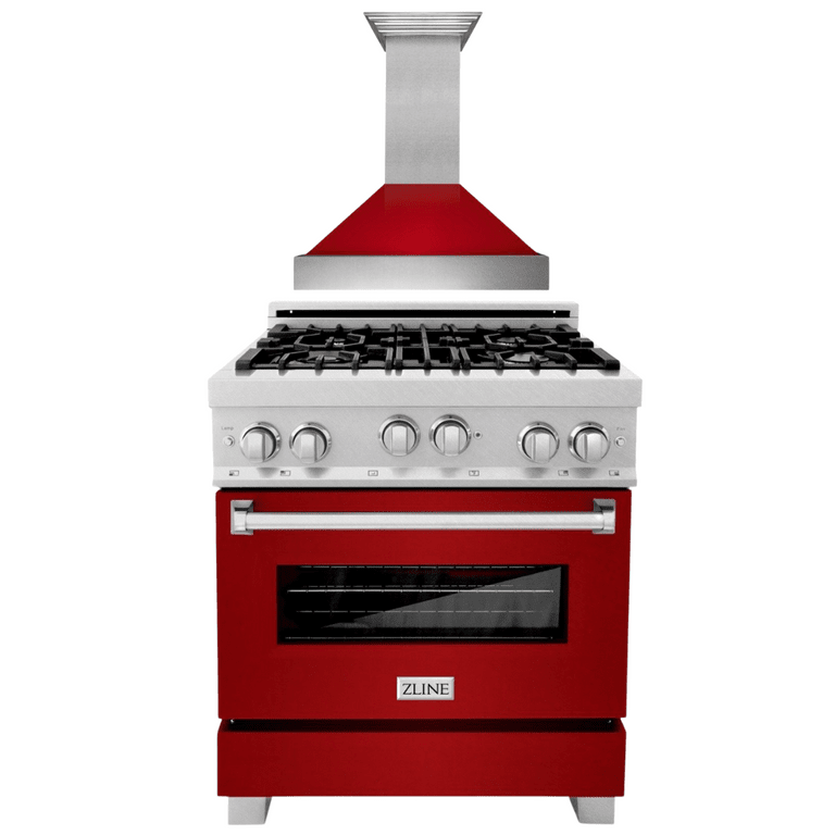 ZLINE Appliance Package - 30" Professional Gas Range in DuraSnow® with Red Gloss Door & 30" Range Hood