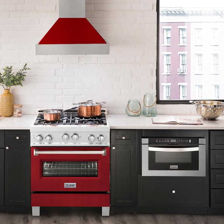 ZLINE Appliance Package - 30" Professional Gas Range in DuraSnow® with Red Gloss Door & 30" Range Hood - 2KP-RGSRGRH30