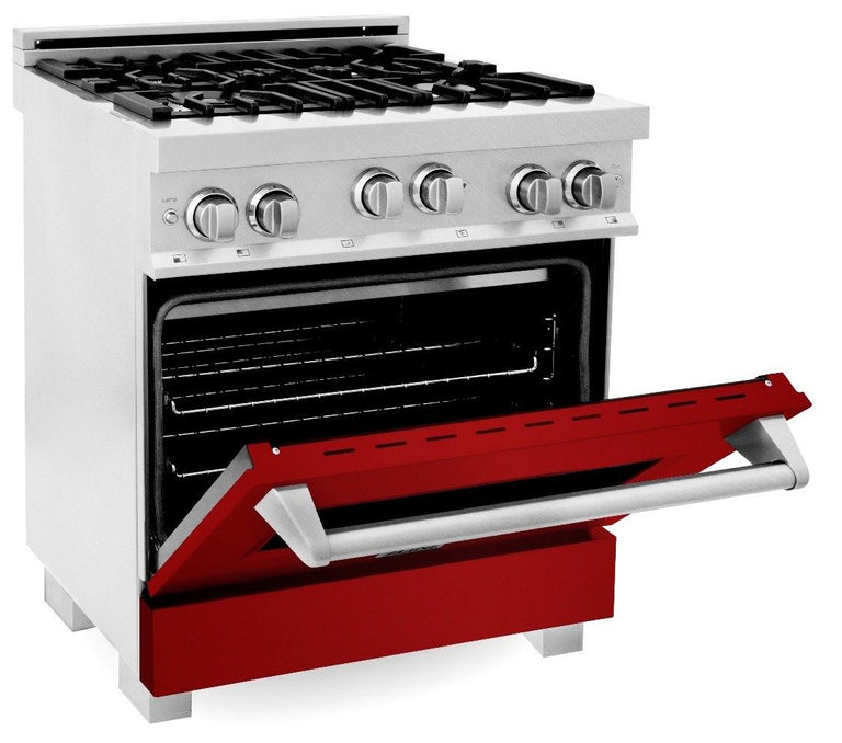 ZLINE Appliance Package - 30" Professional Gas Range in DuraSnow® with Red Gloss Door & 30" Range Hood - 2KP-RGSRGRH30