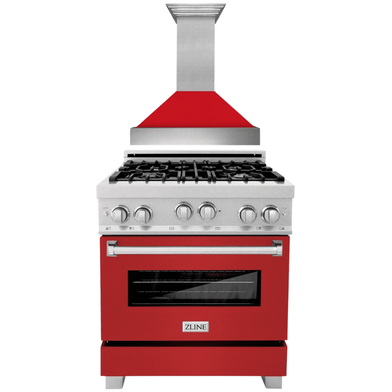 ZLINE Appliance Package - 30" Professional Gas Range in DuraSnow® with Red Matte Door & 30" Range Hood Package