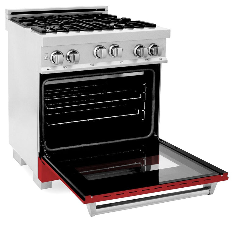 ZLINE Appliance Package - 30" Professional Gas Range in DuraSnow® with Red Matte Door & 30" Range Hood Package - 2KP-RGSRMRH30