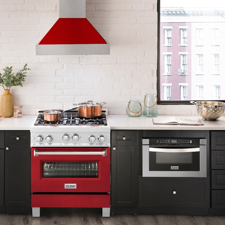 ZLINE Appliance Package - 30" Professional Gas Range in DuraSnow® with Red Matte Door & 30" Range Hood Package - 2KP-RGSRMRH30