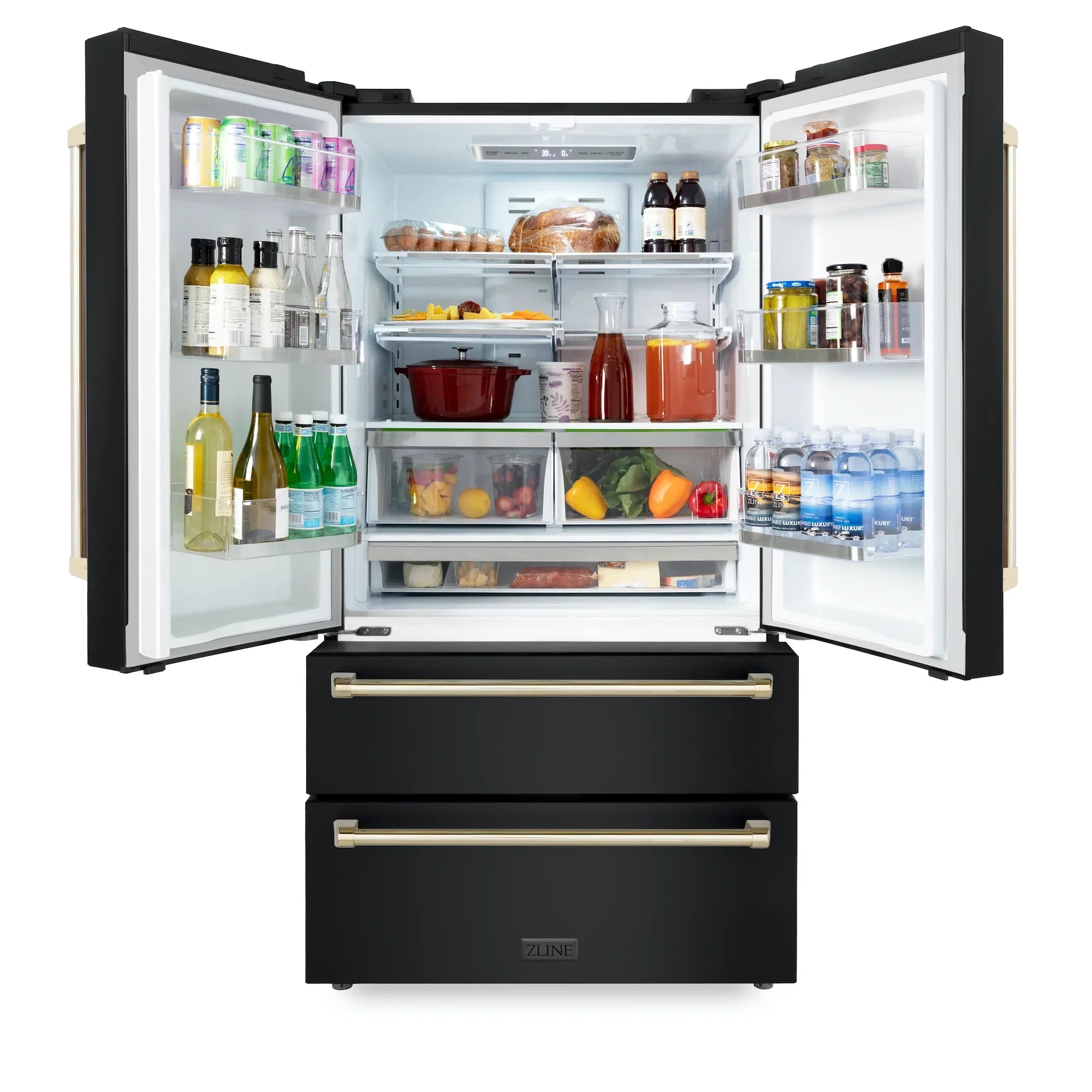 ZLINE 36" Autograph Edition 22.5 cu. ft Freestanding French Door Refrigerator with Ice Maker in Fingerprint Resistant Black Stainless Steel with Accents