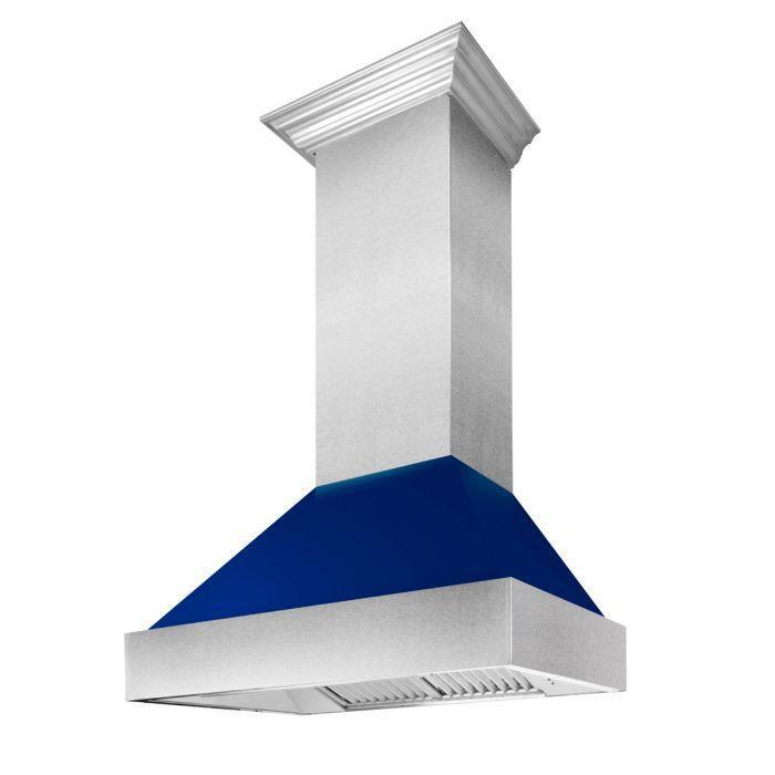 ZLINE 36" Dual Fuel Range in DuraSnow® with Blue Gloss Door & 36" Range Hood Package, 2KP-RASBGRH36