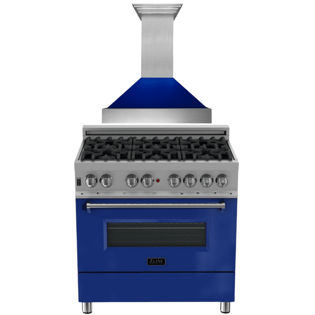 ZLINE 36" Dual Fuel Range in DuraSnow® with Blue Gloss Door & 36" Range Hood Package, 2KP-RASBGRH36