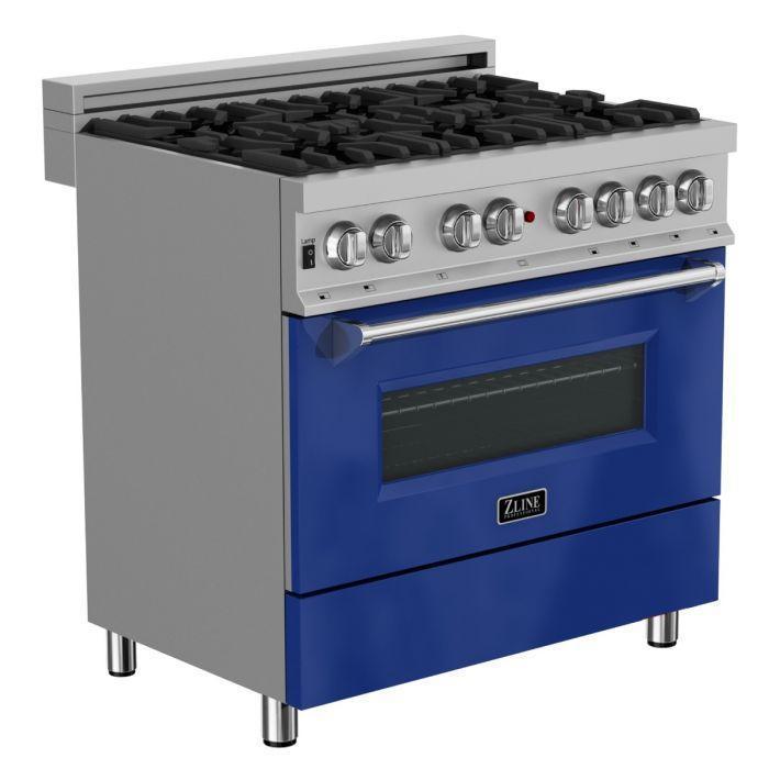 ZLINE 36" Dual Fuel Range in DuraSnow® with Blue Gloss Door & 36" Range Hood Package, 2KP-RASBGRH36