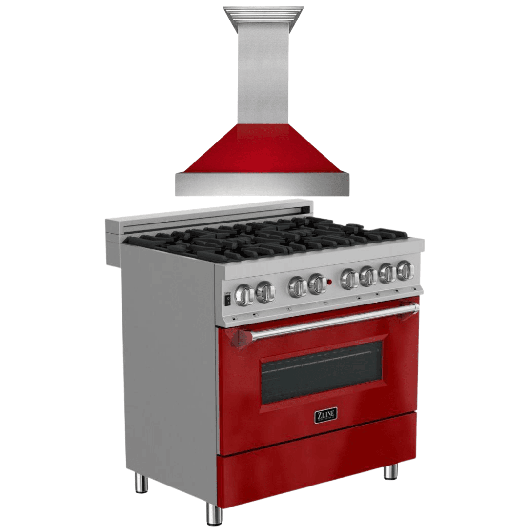 ZLINE Appliance Package - 36" Dual Fuel Range in DuraSnow® with Red Gloss Door & 36" Range Hood