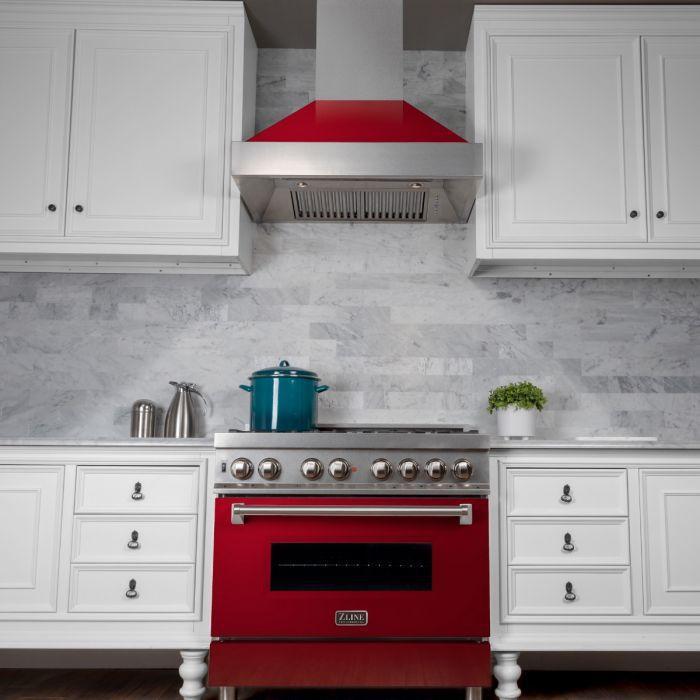 ZLINE Appliance Package - 36" Dual Fuel Range in DuraSnow® with Red Gloss Door & 36" Range Hood - 2KP-RASRGRH36