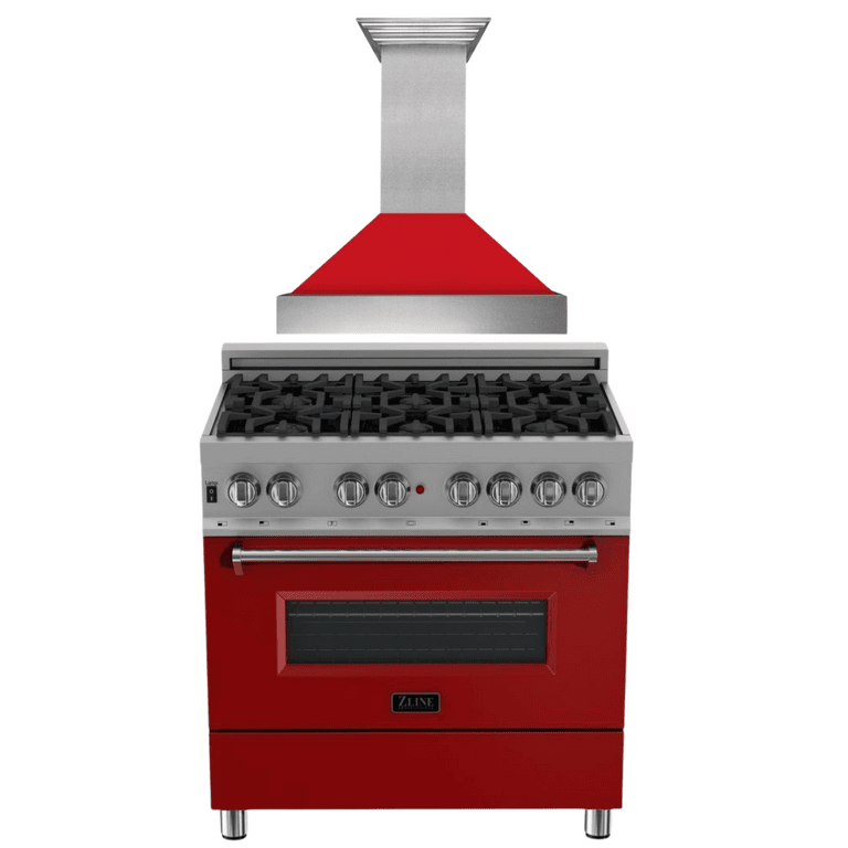 ZLINE Appliance Package - 36" Dual Fuel Range in DuraSnow® with Red Matte Door & 36" Range Hood