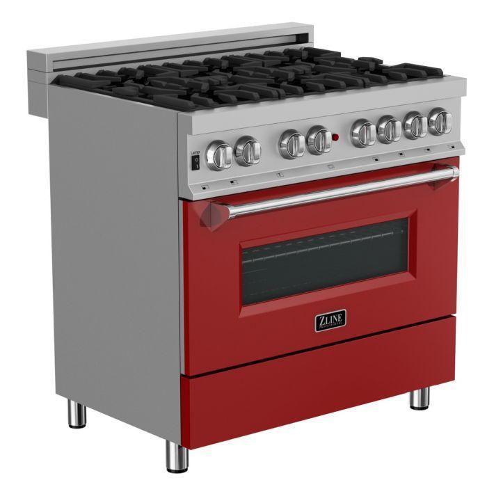 ZLINE Appliance Package - 36" Dual Fuel Range in DuraSnow® with Red Matte Door & 36" Range Hood - 2KP-RASRMRH36