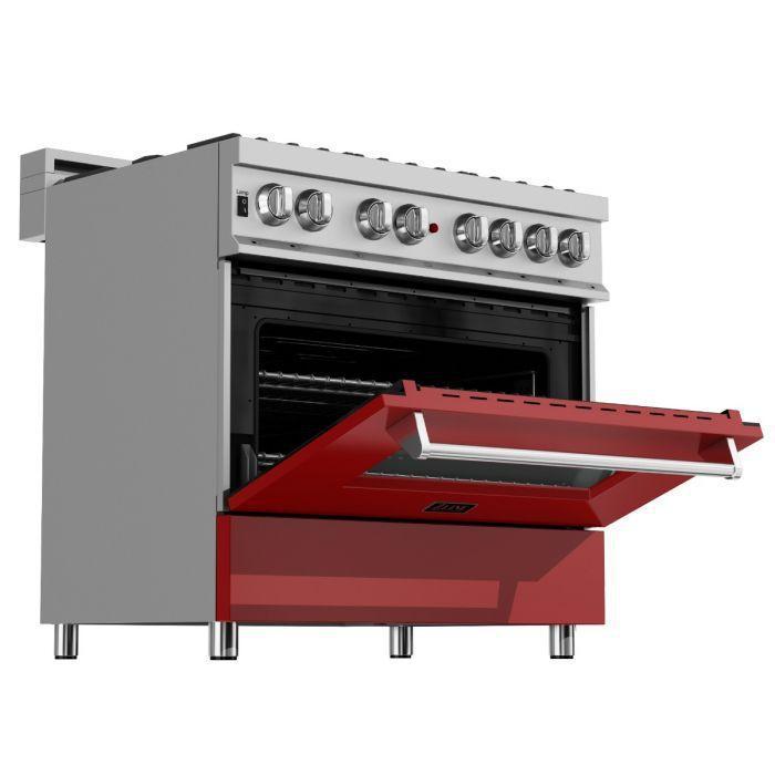 ZLINE Appliance Package - 36" Dual Fuel Range in DuraSnow® with Red Matte Door & 36" Range Hood - 2KP-RASRMRH36