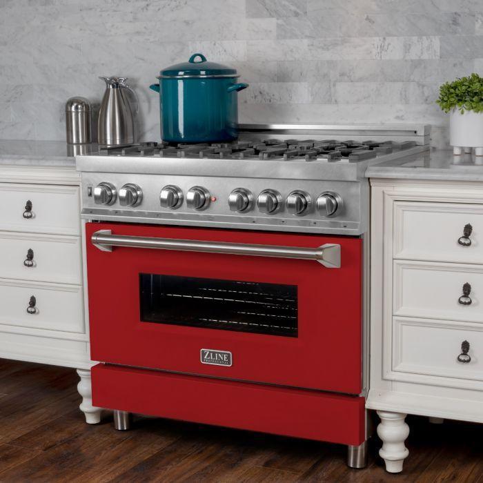 ZLINE Appliance Package - 36" Dual Fuel Range in DuraSnow® with Red Matte Door & 36" Range Hood - 2KP-RASRMRH36